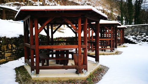 Built structure on snow covered landscape against sky