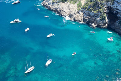 High angle view of boats in sea