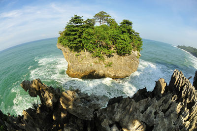 Fish-eye view of karang bokor in sea against sky