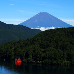 Scenic view of lake and mountains against sky