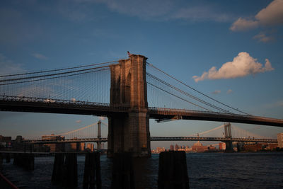 View of suspension bridge against cloudy sky