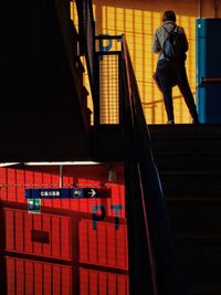 Full length rear view of woman standing by railing