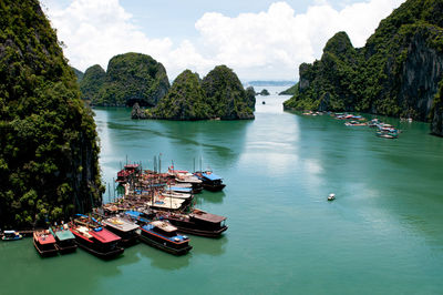 High angle view of boats moored in sea