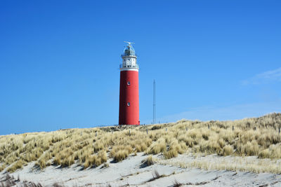 Lighthouse by dunes against clear blue sky