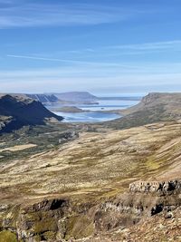 Scenic view of sea and mountains against sky