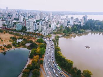 High angle view of road amidst buildings in city