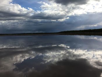 Scenic view of lake against cloudy sky