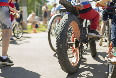 Fatbike wheel. wide bike tire. mud tread. big bike. rear wheel of transport.