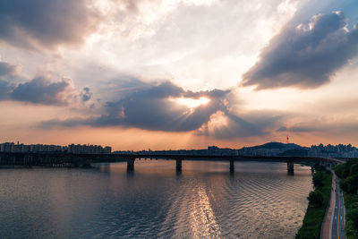 Scenic view of calm river against cloudy sky