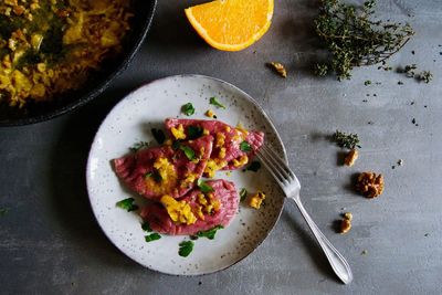 High angle view of salad in plate on table