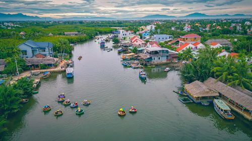 High angle view of boats in river, bay dua coconut village in hoi an, vietnam