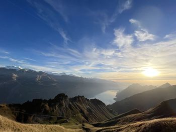 Scenic view of mountains against sky during sunset