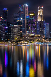 Reflection of illuminated buildings in city at night