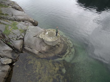 High angle view of rocks in lake