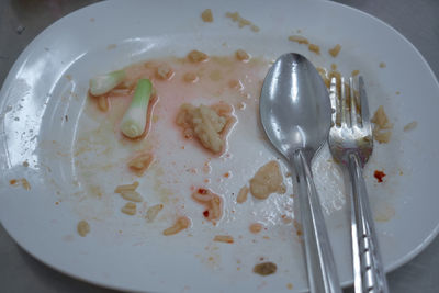 High angle view of breakfast served on table