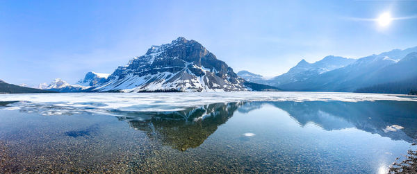 Scenic view of lake and snowcapped mountains against sky