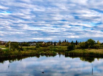 Scenic view of lake by building against sky
