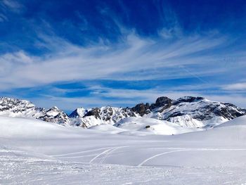 View on peaks of courchevel france in the winter skiing, blue sky day