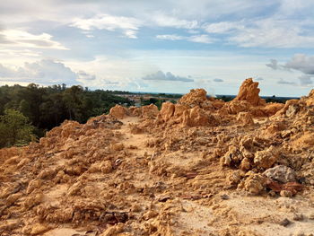 Rock formations on landscape against sky