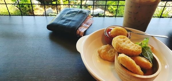 High angle view of dessert in plate on table