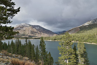 Scenic view of lake by mountains against sky