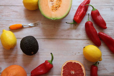 High angle view of fruits on cutting board