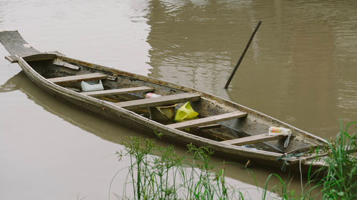 High angle view of boat moored in lake