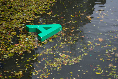 Close-up of road sign by water