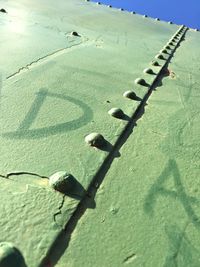 Low angle view of bolts on old green metal against clear sky