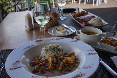 High angle view of breakfast served on table