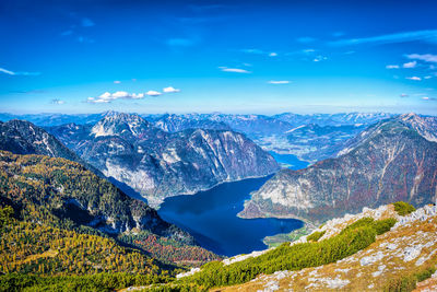 Scenic view of snowcapped mountains against blue sky