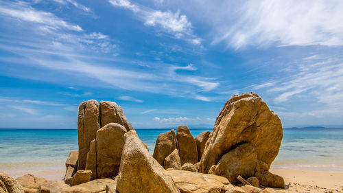 Panoramic view of rocks on beach against sky