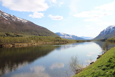 Scenic view of lake and mountains against sky