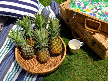 High angle view of pineapples in wicker basket