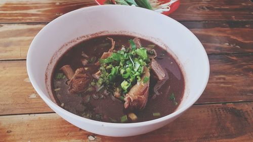 High angle view of soup in bowl on table