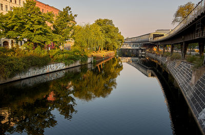 Arch bridge over canal amidst buildings against sky
