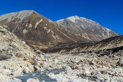 Scenic view of rocky mountains against clear blue sky