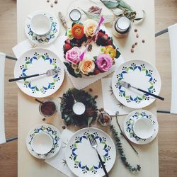 High angle view of breakfast on table