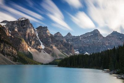 Scenic view of lake by mountains against sky