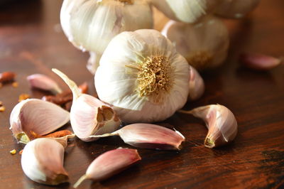 Close-up of garlic on table