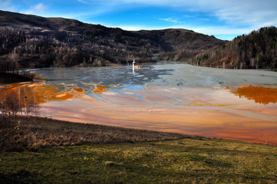 Scenic view of lake by mountains against sky