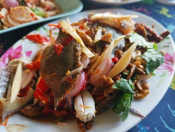 High angle view of meal served on table