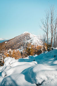 Scenic view of snow covered landscape against clear blue sky