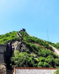 Low angle view of mountain against clear blue sky