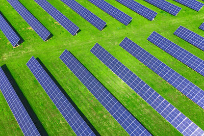 Solar panels in green field, aerial view