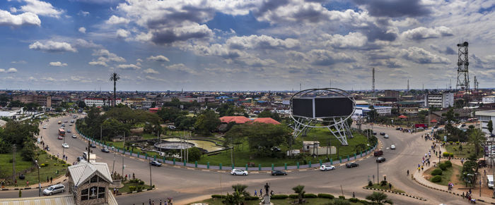 High angle view of cityscape against sky