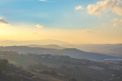 High angle view of townscape against sky during sunset