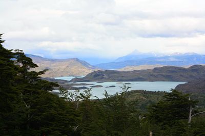 Scenic view of lake against cloudy sky