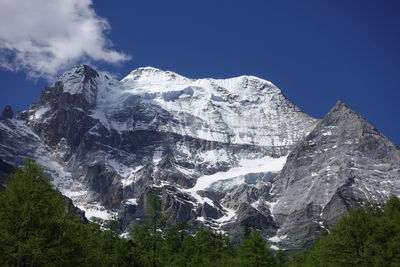 Low angle view of snowcapped mountain against sky