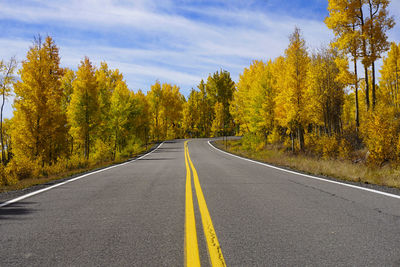 Road amidst trees against sky during autumn